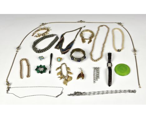 A collection of silver and costume jewellery, mid-century to modern, including an enamelled snake ring; a silver and malachit