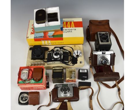 Two Ilford Sportsman 35mm cameras, 1960s, in leather cases, one with instruction booklet; together with a Photopia Rangefinde