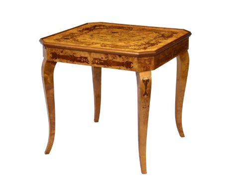 An Italian burr maple and marquetry metamorphic games table, late 20th century, the square top with clipped corners, with a f