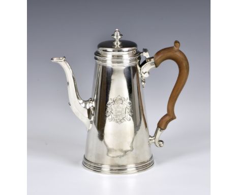 A fine George II silver coffee pot, Aymé Videau, London, 1736, of tapering cylindrical form upon a reeded moulded base, the c