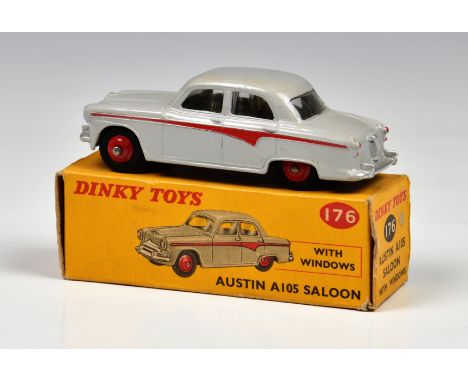 A Dinky Toys 176 Austin A105 Saloon, light grey with red flash, red wheels with black tyres, in original box (NM, box G-VG). 