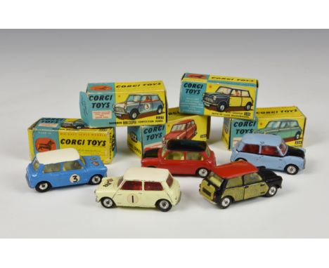 Corgi Toys - Mini (5), comprising a 225 Austin se7en, red painted black roof and bonnet; 226 Morris Mini-Minor, light blue, p