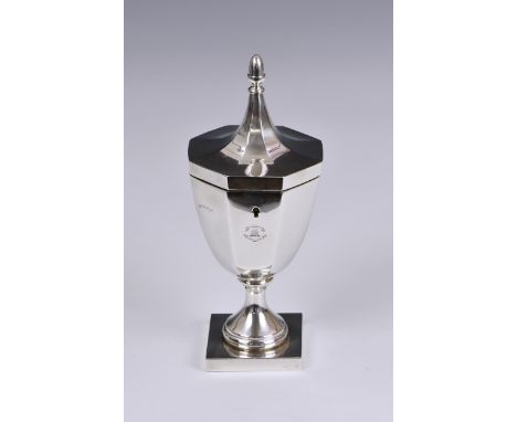 An Edwardian silver octagonal urn / trophy cup form tea caddy, in the style of Adam, George Nathan &amp; Ridley Hayes, Cheste