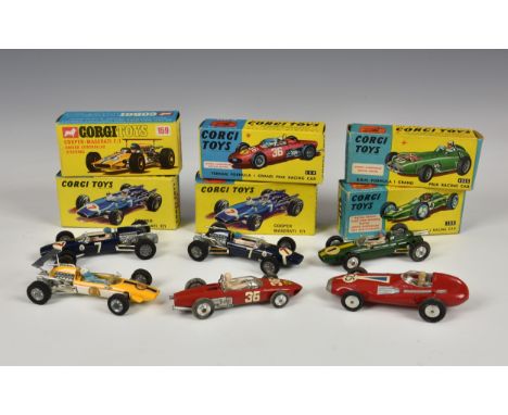 Corgi Toys - boxed racing cars, comprising a 152s B.R.M. Formula 1 Grand Prix Racing Car, red (25); 154 Ferrari Formula 1 Gra