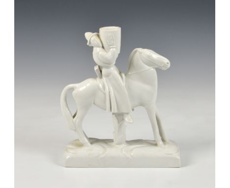 A Meissen white glazed Oriental figure on horseback, 20th century, underglaze blue crossed sword mark, incised mark including