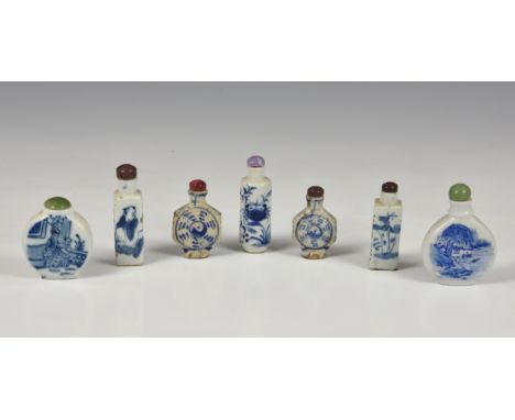 A collection of seven Chinese blue &amp; white porcelain snuff bottles, to include two of moon flask form, cylindrical, squar