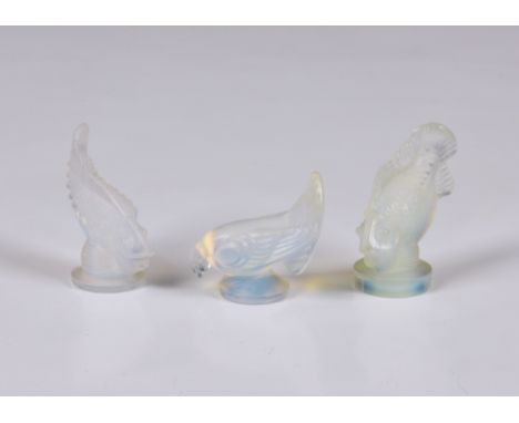 Three Sabino opalescent moulded glass animal figures / paperweights, to include two fish and a dove, etched marks 'Sabino Par