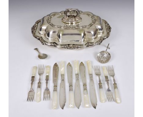 Walker &amp; Hall Sheffield plate entree dish &amp; cover, of shaped lobed form with floral, scroll and shell cast rims and h