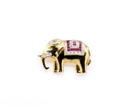 An 18ct gold, ruby and diamond elephant brooch, the elephant adorned with single-cut diamonds and calibré-cut rubies, with pi
