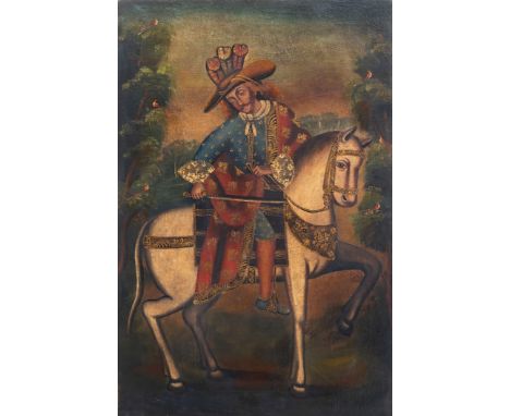 Cuzco School (Peruvian, 20th century), Portrait of a nobleman on horseback, carrying a sword oil on canvas, unframed 31 x 20½