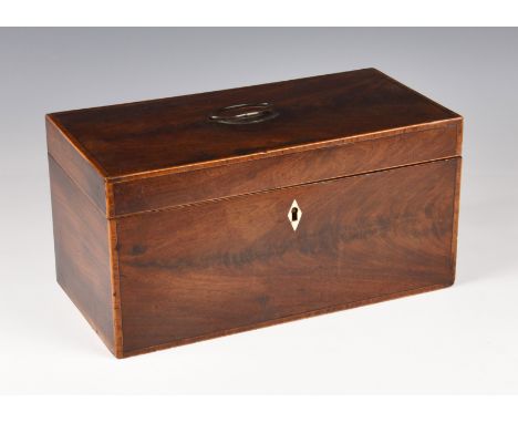 A George III mahogany tea caddy, rectangular form, with tulipwood cross banding and boxwood and ebony stringing, navette shap