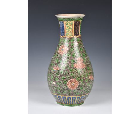 A Chinese famille verte lotus vase, probably early 20th century, ovoid form, painted with lotus flowers and scrolling green f