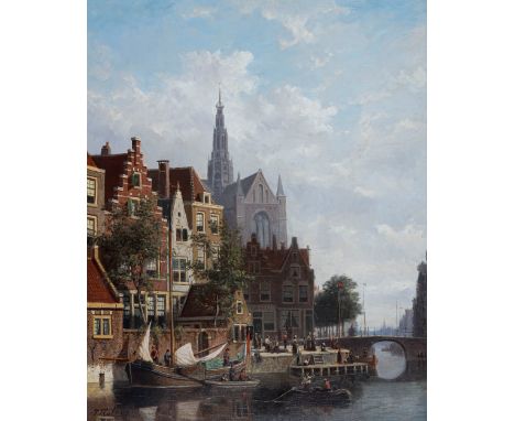 Johannes Frederik Hulk (1829-1911), Dutch Town Scene. oil on canvas, signed "F. Hulk lower left", original Continental, late 