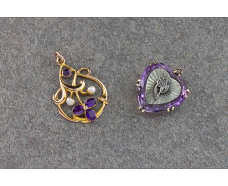 A 9ct gold, amethyst and seed pearl pendant, together with an amethyst and diamond chip heart shaped pendant. (2). 