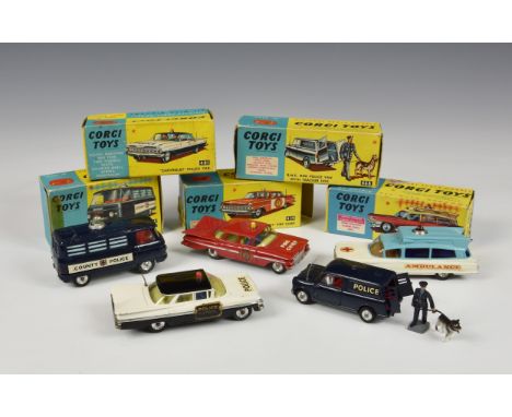 Corgi Toys - boxed emergency vehicles, playworn, comprisin* 437 - light not tested, flea-bite nibbles to edges etc, good, box