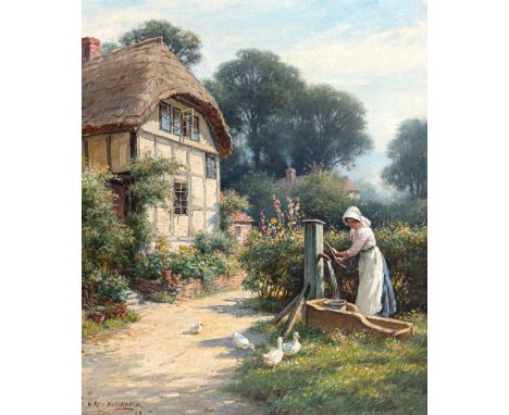 William Kay Blacklock (British, 1872-1924), Woman at a Pump in a Cottage Garden. oil on canvas, signed "W. Kay Blacklock" and