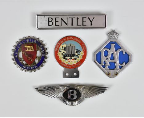 A collection of Car Badges, to include Bentley badges, RAC badge, Automobile Club Roma badge and a Rolls-Royce Enthusiasts Cl