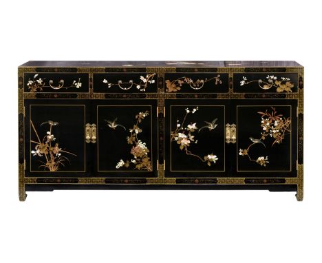 A Chinese black lacquered and painted sideboard, third quarter 20th century, painted to the top, front and sides with birds a
