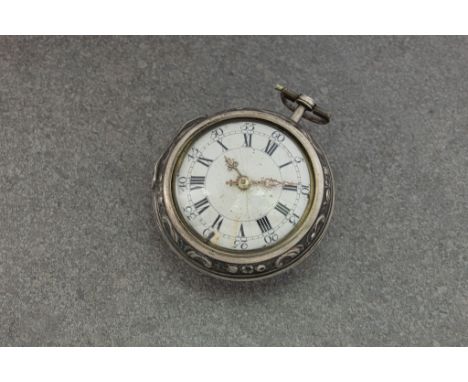 An 18th century English silver pair cased verge pocket watch, the fusee movement signed 'Roget London', with engraved pierced