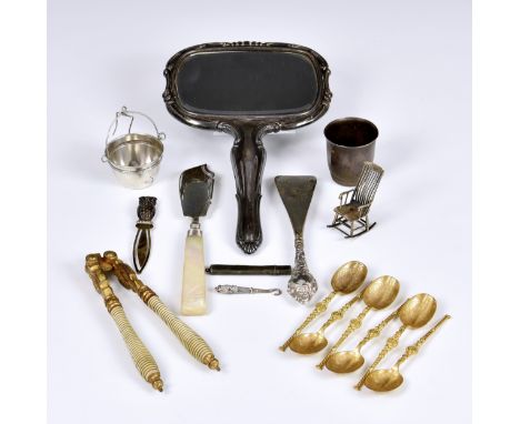 A rummage tray of antique silver and other collectables, to include novelty continental silver owl bookmark; silver handled s