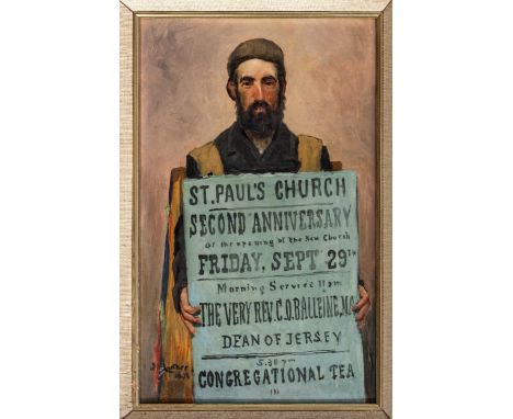 John Helier Lander (Jersey, 1868-1944), Portrait of a Sandwich Board Man advertising a service being held on Friday 29th Sept