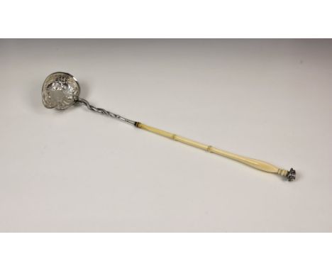 An unusual Georgian silver serpent punch / toddy ladle with inset George II 1757 coin, the egg shaped bowl with pouring spout