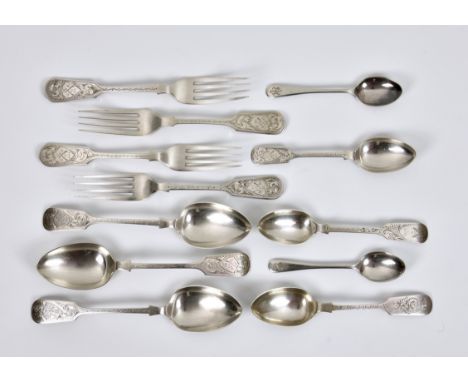 A quantity of silver shooting prize fiddle pattern spoons and forks, 1930s, various makers, the majority by John Round &amp; 