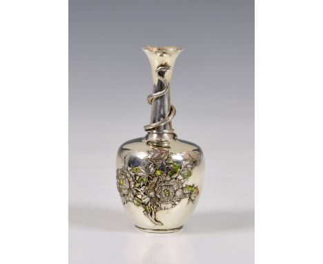 A Japanese silver and enamel vase, Meiji period (1868-1912), of shouldered, bottle form with lotus flower rim, the body with 