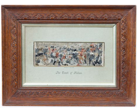 A Victorian stevengraph silk picture - The Death of Nelson, 2 3/8 x 6 ¾in. (6 x 17.2cm.), in a titled green card mount, frame