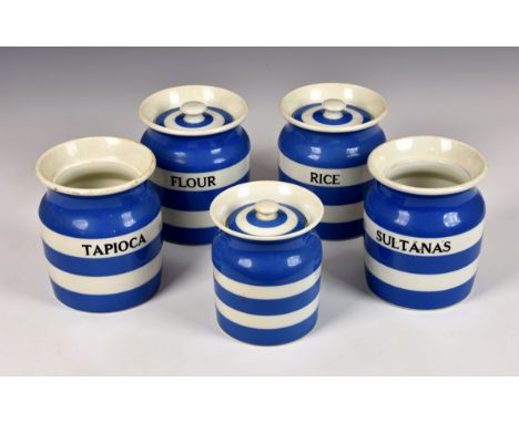 Five assorted T. G. Green &amp; Co Ltd Cornish Kitchen Ware storage canisters, having typical blue and white striped decorati