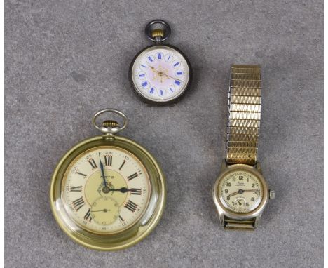 A Swiss silver fob watch, early 20th century, with gilt enriched enamel dial with blue Roman numerals, lever movement; togeth