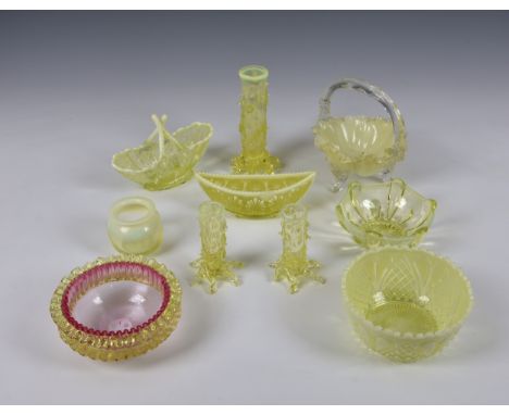 A small collection of Victorian vaseline yellow glass, to include naturalistic tree trunk / thorn vase trio, the tallest, 5 7
