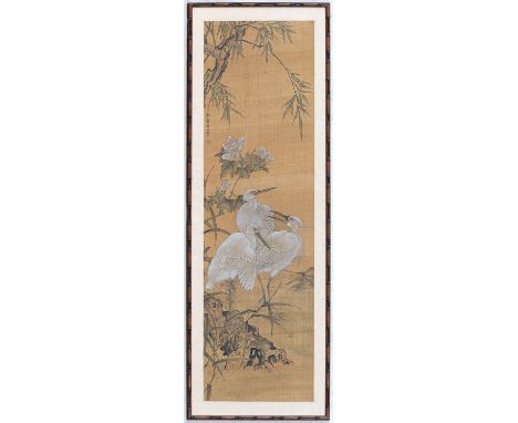 A Chinese watercolour on silk painting, probably mid-20th century, depicting three white egrets, peonies and bamboo, four cha