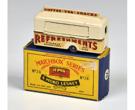 Matchbox Lesney 1-75 Series MB74a Mobile Refreshments Bar, cream and light blue, GPW, box type B (E, box G-VG). 