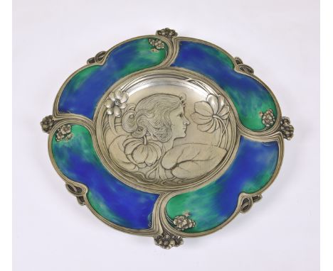 An Italian Art Nouveau pewter and enamel dish by Achille Gamba (1881-1944), with angel touch mark and stamped '1320' pattern 