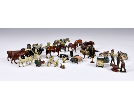 A large collection of vintage Britains lead farm animals, playworn, comprising horses and donkeys to include Shetland with ri