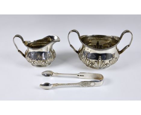 Victorian silver twin handle sugar basin and cream jug, William Hutton &amp; Sons, London, 1895, having stylised foliate repo