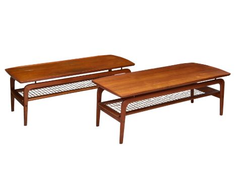 A pair of Danish teak coffee tables after a design by Arne Hovmand Olsen, 1960s, by Mobelfabrikken Toften, the rounded, recta