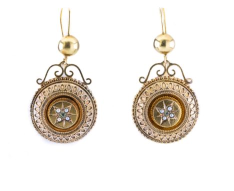 A pair of Etruscan Revival style 15ct gold, seed pearl and chrysoberyl earrings, each formed as a rosette with filigree detai