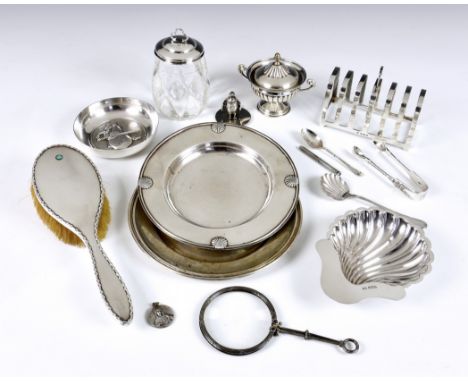 A collection of silver and silver plate, to include a silver toast rack by William Neale &amp; Son Ltd, Birmingham, 1937; sil