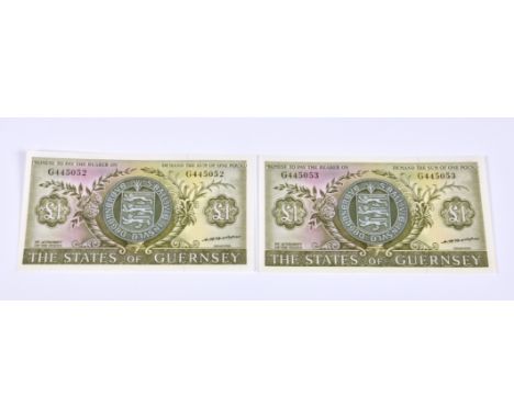 BRITISH BANKNOTE - The States of Guernsey - One Pounds - consecutive pair, c.1969, Signatory C. H. Hodder, serial numbers G44