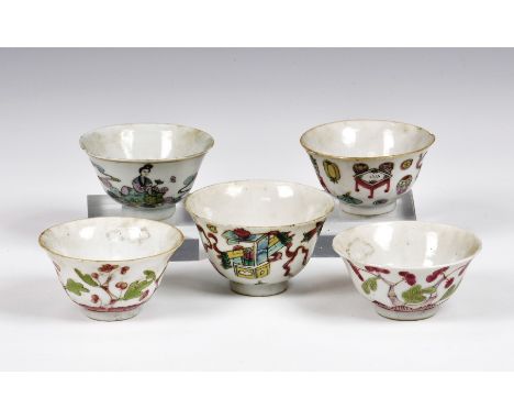 Five Chinese porcelain famille rose bowls, early 20th century, comprising two enamelled with auspicious objects, printed iron