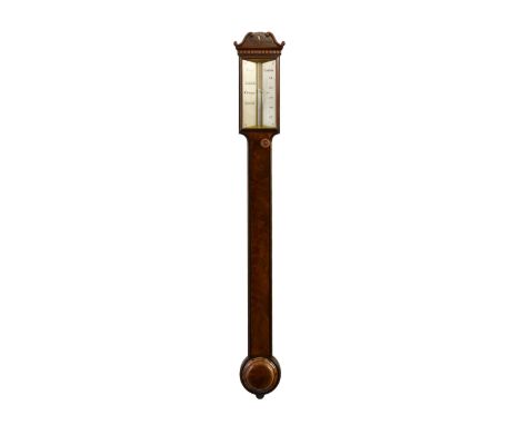 A George IV ebony strung mahogany stick barometer by Cary of London, with signed silvered register plates with vernier scale,