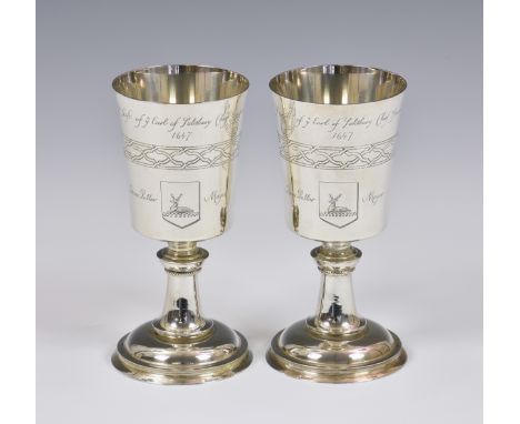 A pair of late 20th century limited edition silver goblets, each modelled as 'The Hertford Elizabethan Chalice', Garrard &amp