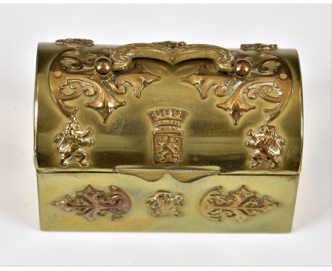 A vintage / antique Belgian brass jewelley casket, the hinged cover with applied Bruges coat of arms and ornate swing handle 