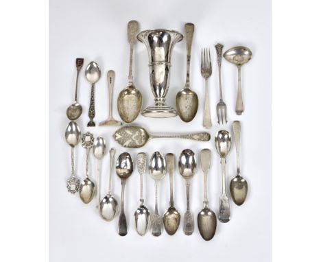 A collection of silver spoons etc, to include a pair of ornate silver and enamel shooting prize spoons by Charles Wilkes, Bir