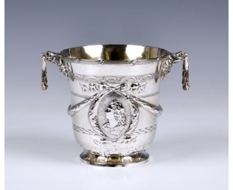 An unusual German (Hanau) silver miniature wine cooler / sugar basin, Roth Georg &amp; Co, circa 1900, having embossed decora