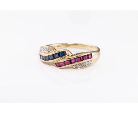 An 18ct yellow gold, ruby, sapphire and diamond four row ring, with two diagonal rows of square cut rubies and sapphires flan