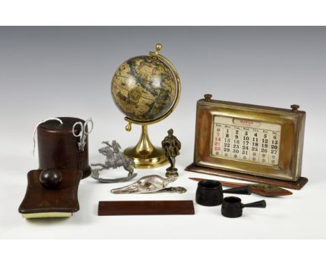 A rummage box of vintage collectables, comprising a red leather covered string box; small globe; silver plated perpetual desk