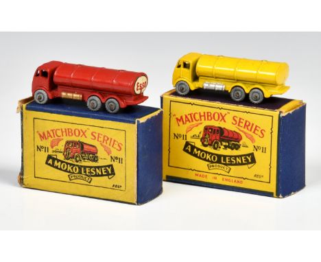 Two Matchbox Lesney 1-75 Series MB11a ERF Road Tankers, one red with small ESSO decal, MW, type A box (E, box F); the other l